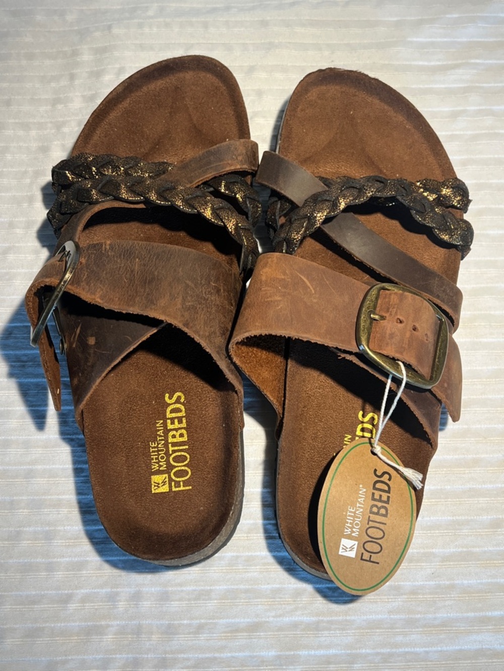 White Mountain Footbeds Brown Braided Buckle Slide Sandals